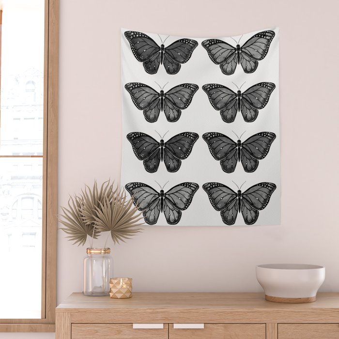 Monarch Butterfly - Black and White Wall Tapestry Gallery Image 2