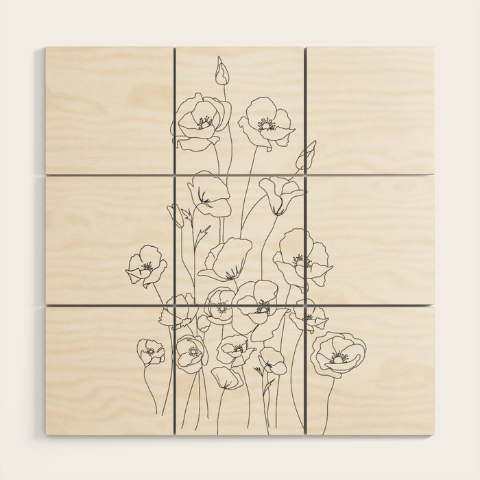 Poppy Flowers Line Art Wood Wall Art Gallery Image 1