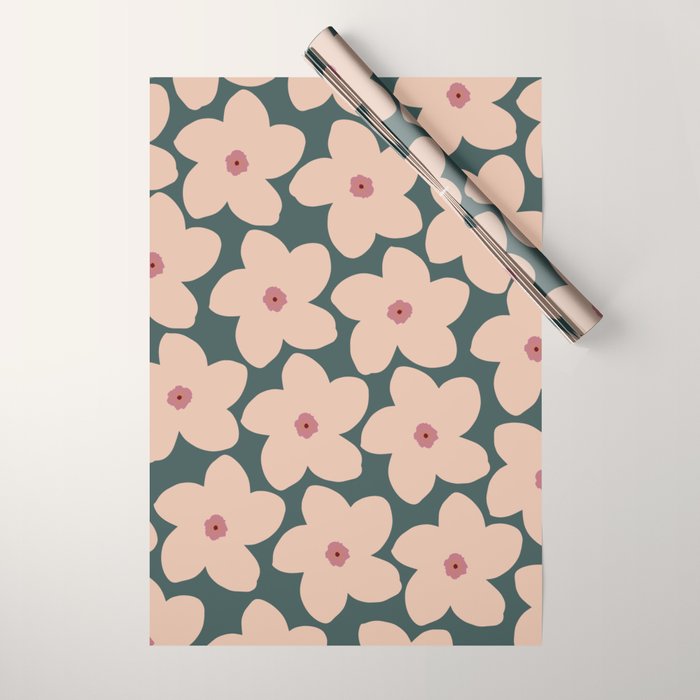 Green And Peach Retro Flower Wrapping Paper Gallery Image 1
