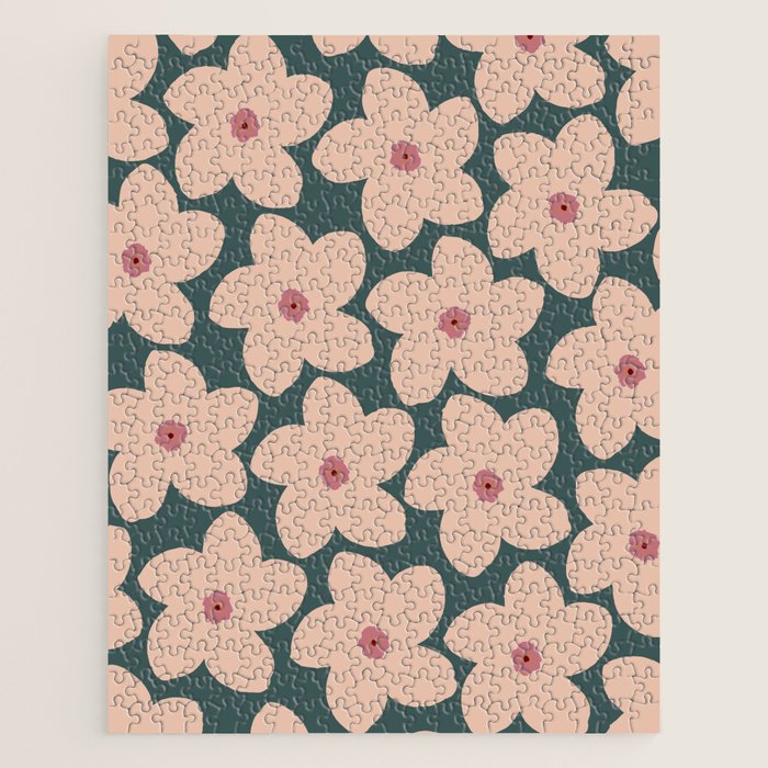 Green And Peach Retro Flower Jigsaw Puzzle Gallery Image 1