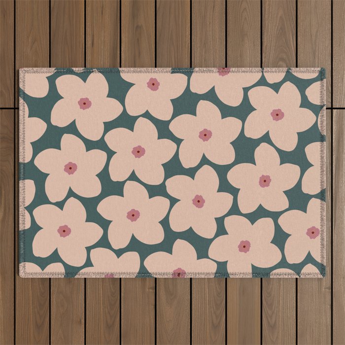 Green And Peach Retro Flower Outdoor Rug Gallery Image 1
