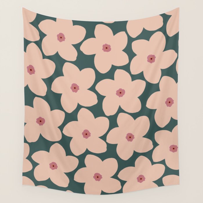 Green And Peach Retro Flower Wall Tapestry Gallery Image 4