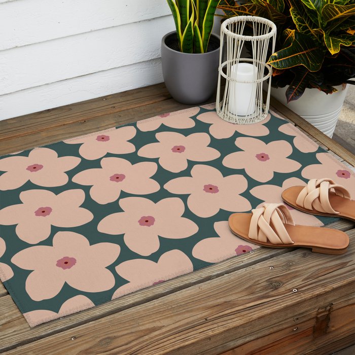 Green And Peach Retro Flower Outdoor Rug Gallery Image 2
