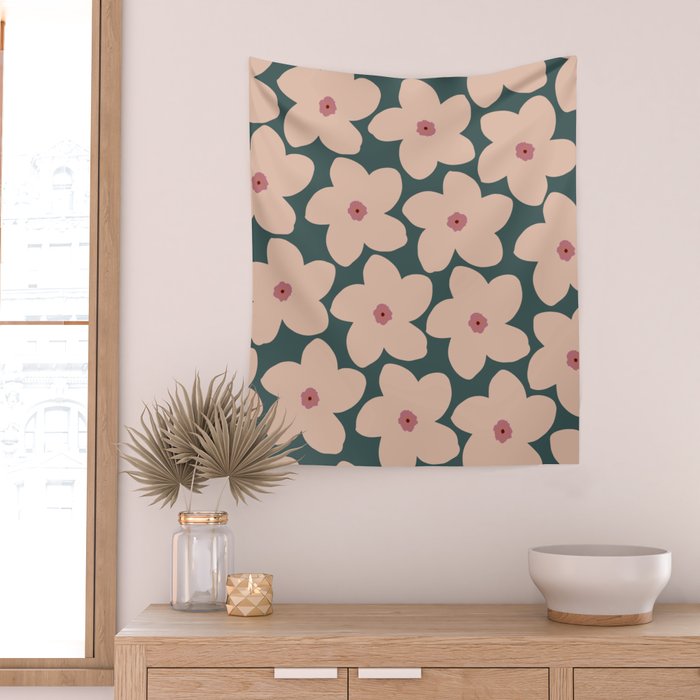 Green And Peach Retro Flower Wall Tapestry Gallery Image 2