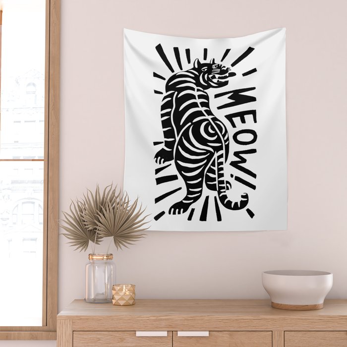 Meow black and white Wall Tapestry Gallery Image 2