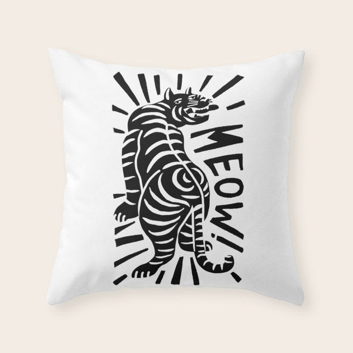 Meow black and white Throw Pillow Gallery Image 1