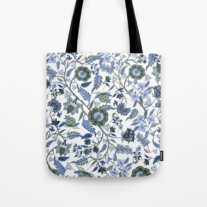 Blue Chinoiserie, Chintz, Indian, vintage floral, 70s,  Tote Bag Gallery Image 1