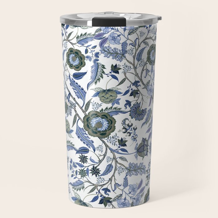 Blue Chinoiserie, Chintz, Indian, vintage floral, 70s,  Travel Mug Gallery Image 1