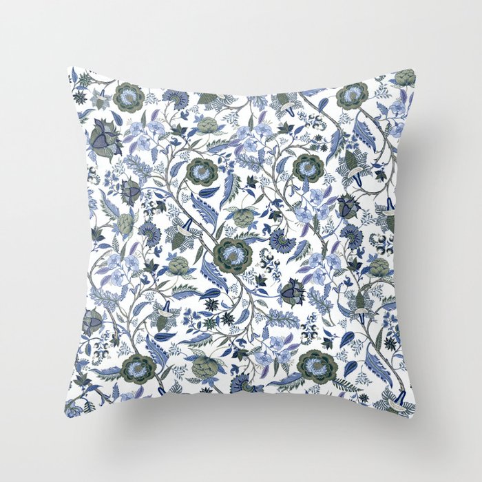 Blue Chinoiserie, Chintz, Indian, vintage floral, 70s,  Throw Pillow Gallery Image 6
