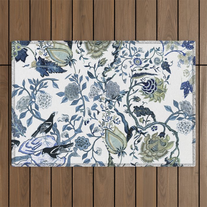 Blue vintage chinoiserie flora Outdoor Rug Gallery Image 1