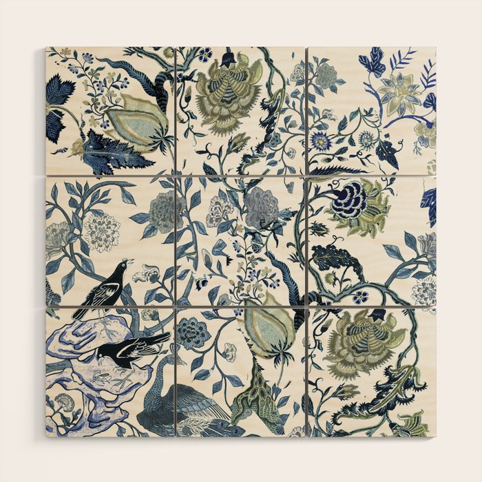 Blue vintage chinoiserie flora Wood Wall Art Gallery Image 1