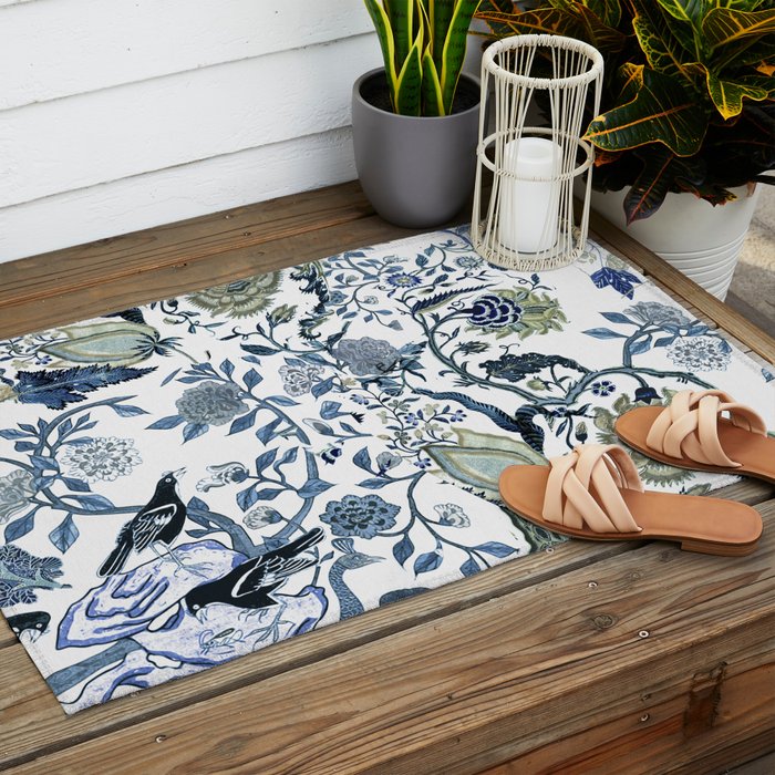 Blue vintage chinoiserie flora Outdoor Rug Gallery Image 2