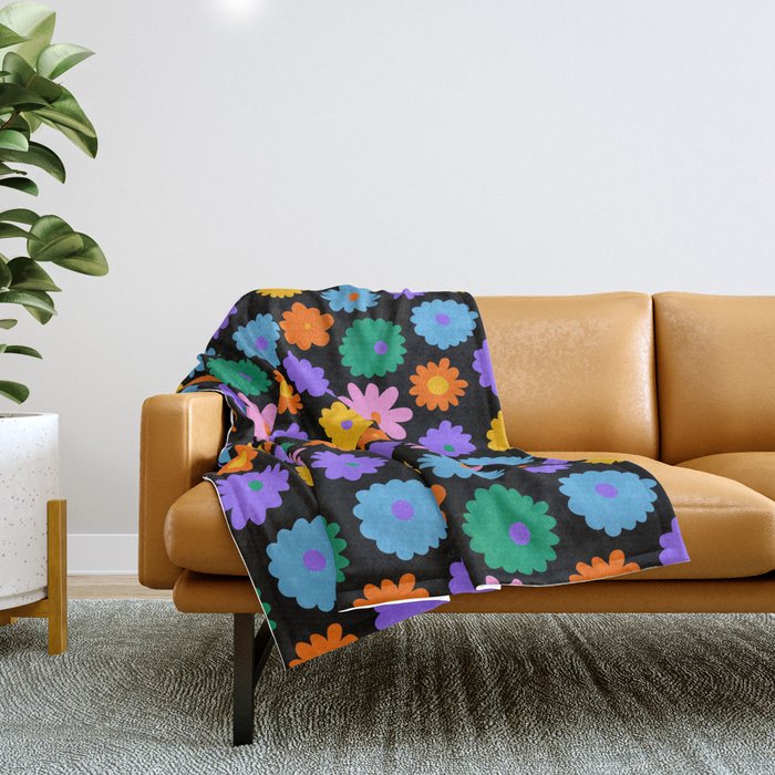 Colorful retro flower art pattern Throw Blanket Gallery Image 1