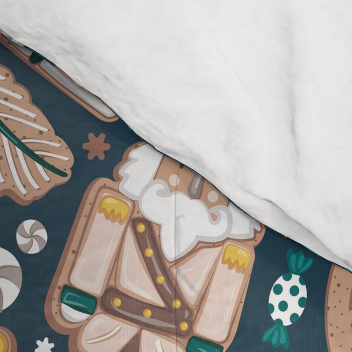 Nutcracker ballet gingerbread delicious biscuits // nile blue background beige forest and pine green sweet Christmas cookies Comforter Gallery Image 4