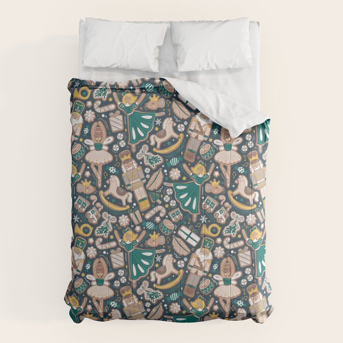 Nutcracker ballet gingerbread delicious biscuits // nile blue background beige forest and pine green sweet Christmas cookies Comforter Gallery Image 1