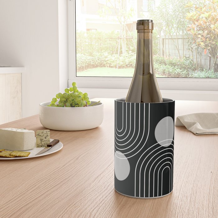 Mid Century Modern Geometric 109 in Black and White (Rainbow and Sun Abstraction) Wine Chiller Gallery Image 4