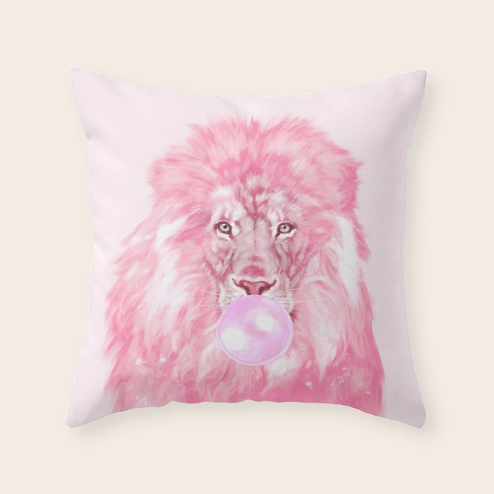 Lion Chewing Bubble Gum in Pink Throw Pillow Gallery Image 6