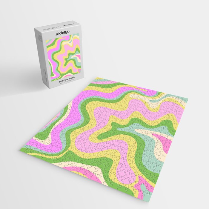 Pastel Retro Liquid Swirl Abstract Pattern Pink Green Yellow Jigsaw Puzzle Gallery Image 2