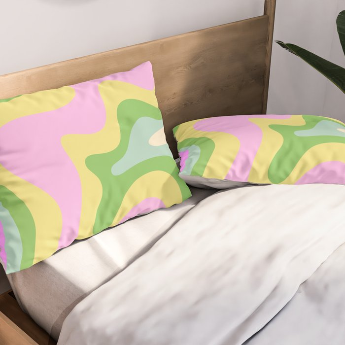 Pastel Retro Liquid Swirl Abstract Pattern Pink Green Yellow Pillow Sham Gallery Image 2