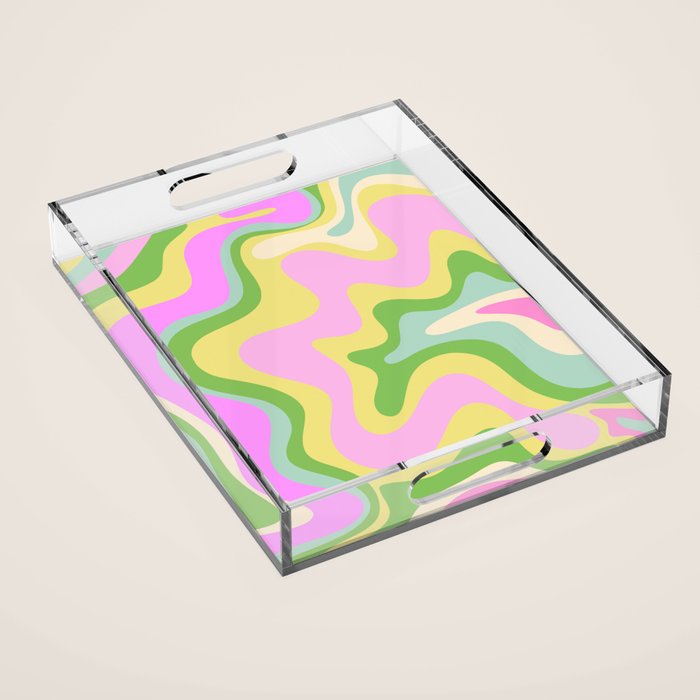 Pastel Retro Liquid Swirl Abstract Pattern Pink Green Yellow Acrylic Tray Gallery Image 1