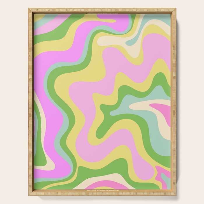 Pastel Retro Liquid Swirl Abstract Pattern Pink Green Yellow Serving Tray Gallery Image 1