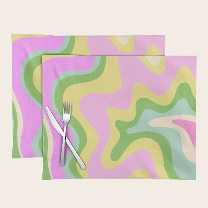 Pastel Retro Liquid Swirl Abstract Pattern Pink Green Yellow Placemat Gallery Image 1