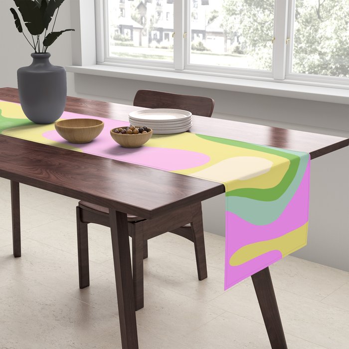Pastel Retro Liquid Swirl Abstract Pattern Pink Green Yellow Table Runner Gallery Image 2