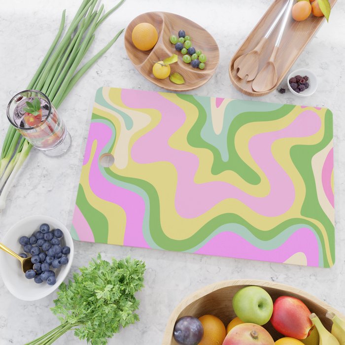 Pastel Retro Liquid Swirl Abstract Pattern Pink Green Yellow Cutting Board Gallery Image 2