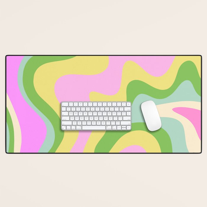 Pastel Retro Liquid Swirl Abstract Pattern Pink Green Yellow Desk Mat Gallery Image 1