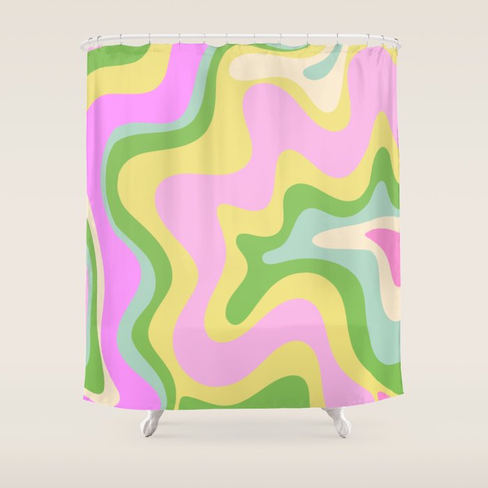Pastel Retro Liquid Swirl Abstract Pattern Pink Green Yellow Shower Curtain Gallery Image 1