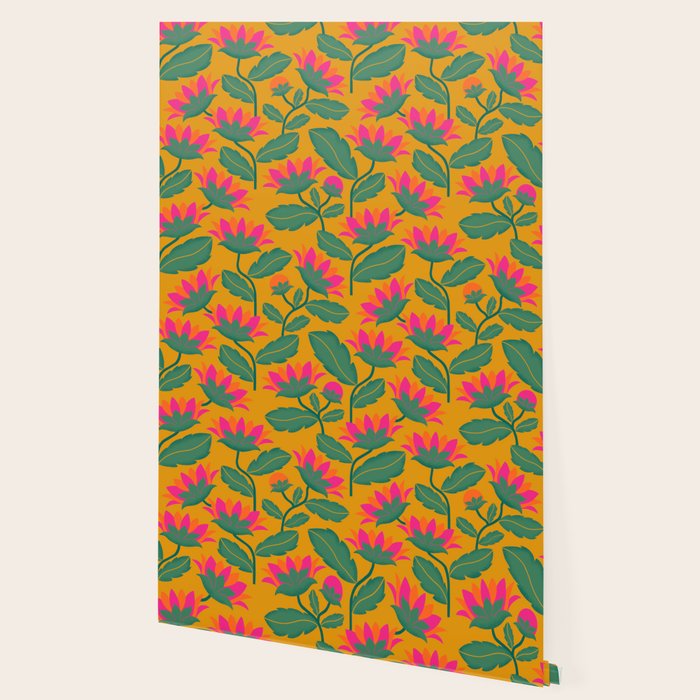 Art Nouveau Pink and Orange Tropical Flowers on Yellow Background Wallpaper Gallery Image 2