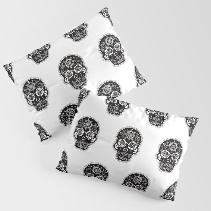 DÃ­a de Muertos Calavera â¢ Mexican Sugar Skull - Black Palette Pillow Sham Gallery Image 3