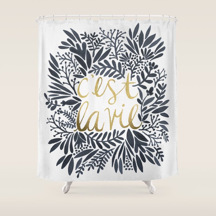 C'est la Vie - Grey & Gold Shower Curtain Gallery Image 1