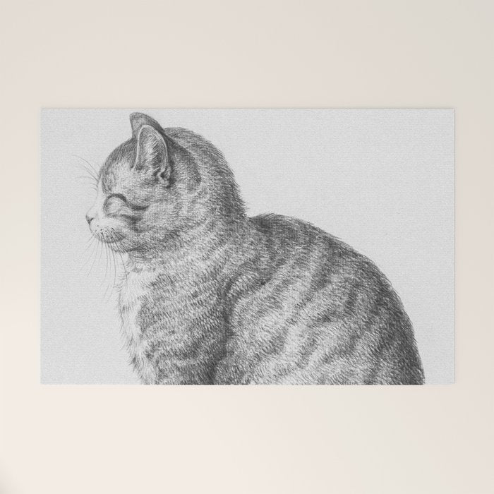 Tabby Cat, Vintage Black and White Cat Drawing Welcome Mat Gallery Image 1
