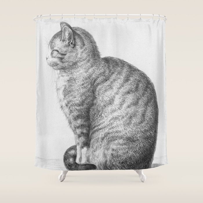 Tabby Cat, Vintage Black and White Cat Drawing Shower Curtain Gallery Image 1