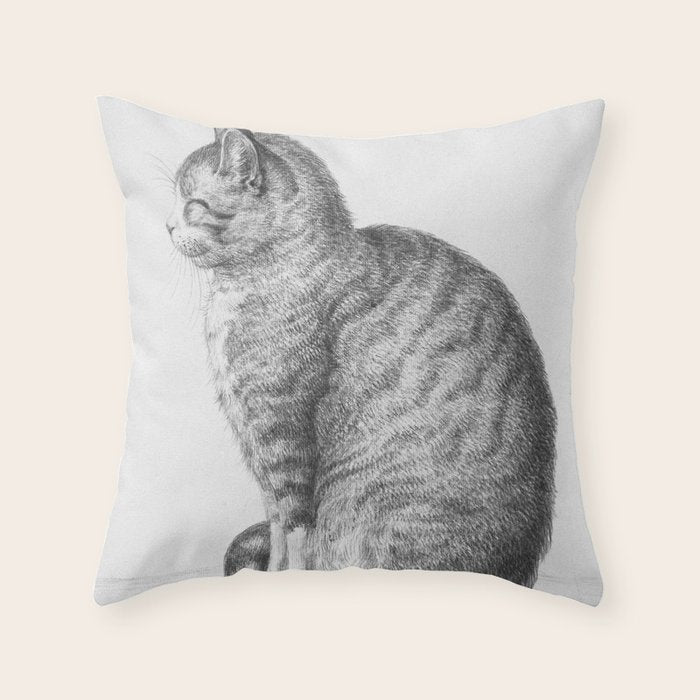 Tabby Cat, Vintage Black and White Cat Drawing Throw Pillow Gallery Image 6