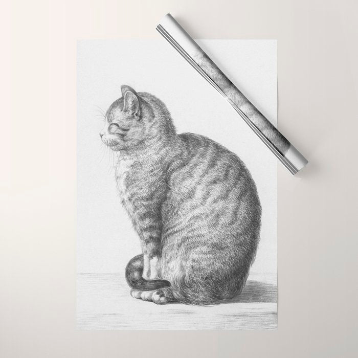 Tabby Cat, Vintage Black and White Cat Drawing Wrapping Paper Gallery Image 1