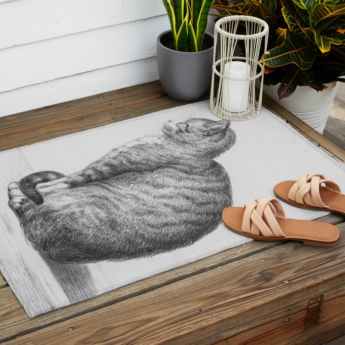 Tabby Cat, Vintage Black and White Cat Drawing Outdoor Rug Gallery Image 2