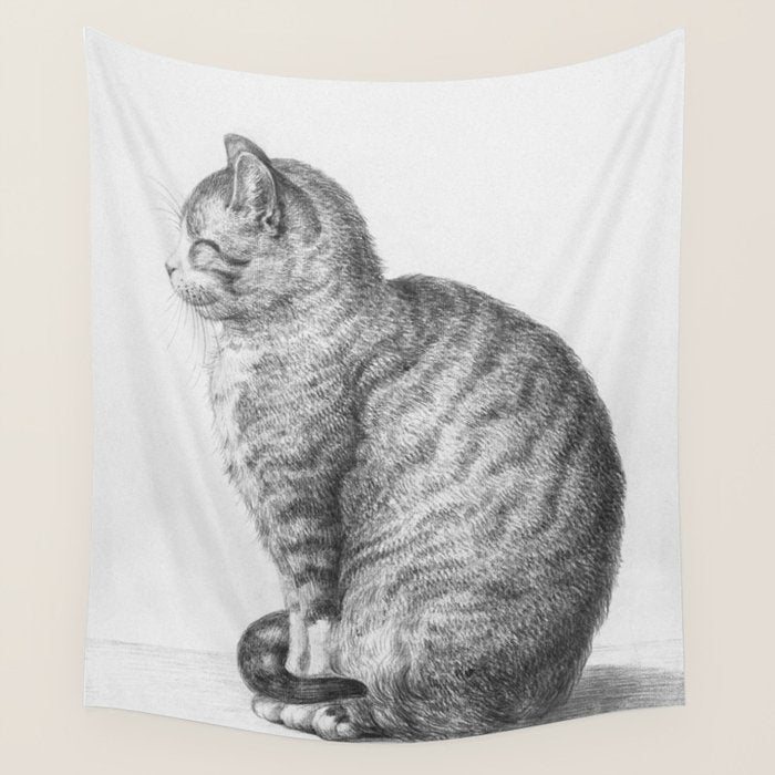 Tabby Cat, Vintage Black and White Cat Drawing Wall Tapestry Gallery Image 4