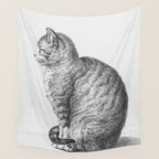 Tabby Cat, Vintage Black and White Cat Drawing Wall Tapestry Gallery Image 4