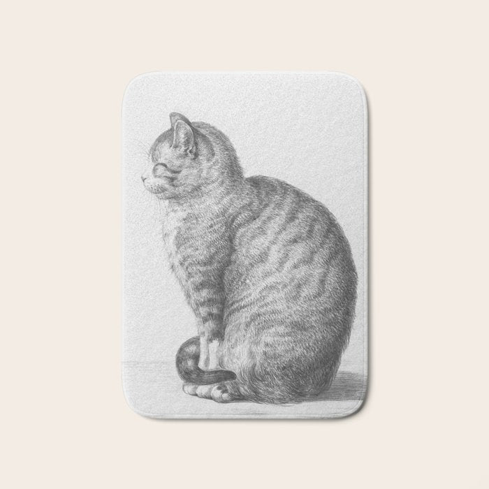Tabby Cat, Vintage Black and White Cat Drawing Bath Mat Gallery Image 1