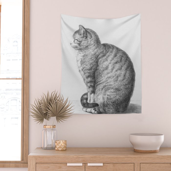 Tabby Cat, Vintage Black and White Cat Drawing Wall Tapestry Gallery Image 2