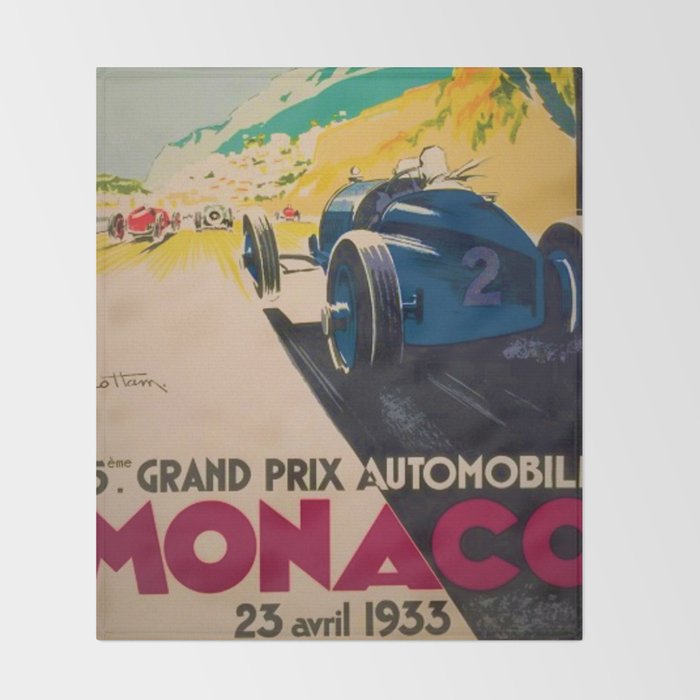 Vintage 1933 Monaco Grand Prix Car Advertisement Poster by Geo Ham Throw Blanket Gallery Image 2