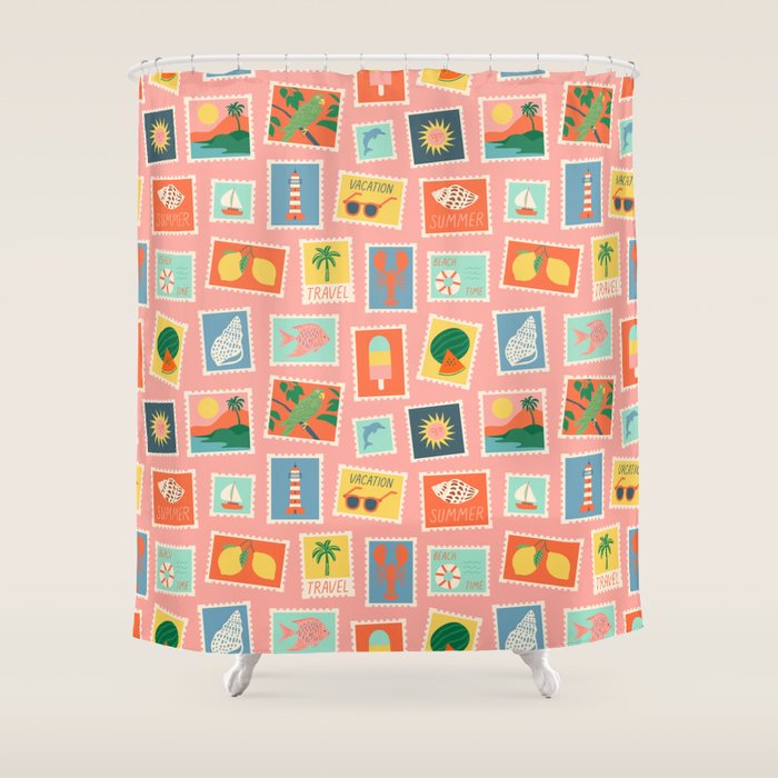 Vintage summer post card stamp pattern Shower Curtain Gallery Image 1