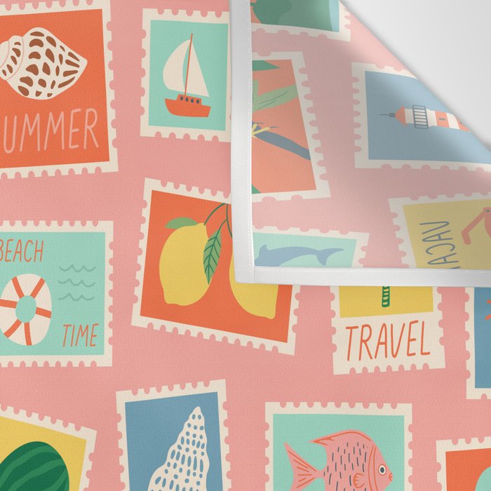 Vintage summer post card stamp pattern Wall Tapestry Gallery Image 3