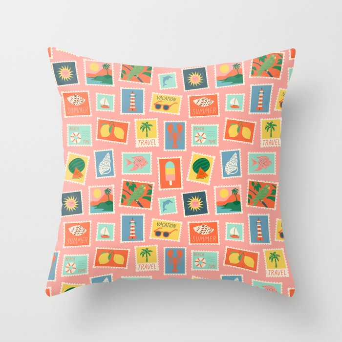 Vintage summer post card stamp pattern Throw Pillow Gallery Image 1