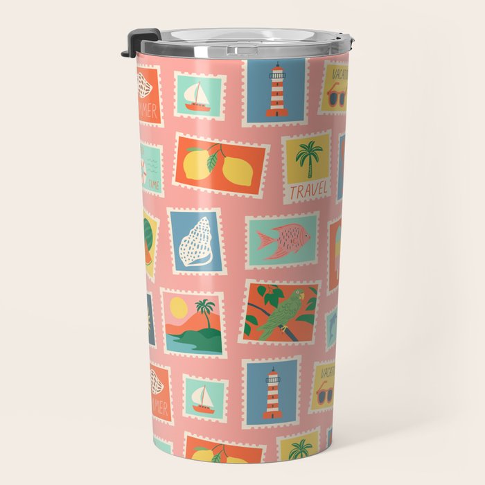 Vintage summer post card stamp pattern Travel Mug Gallery Image 3