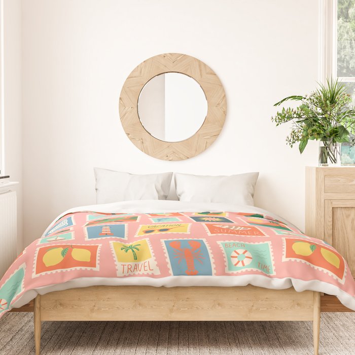 Vintage summer post card stamp pattern Duvet Cover Gallery Image 3