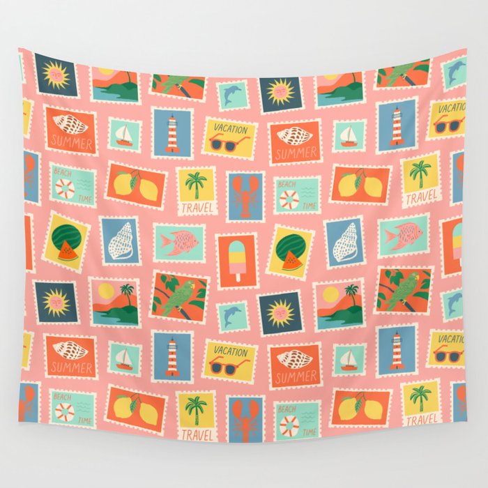 Vintage summer post card stamp pattern Wall Tapestry Gallery Image 4