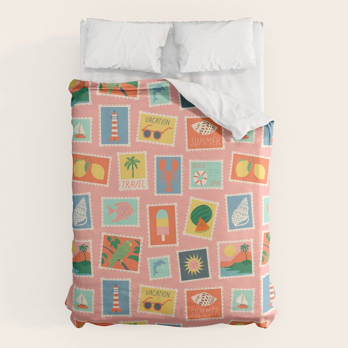 Vintage summer post card stamp pattern Duvet Cover Gallery Image 6